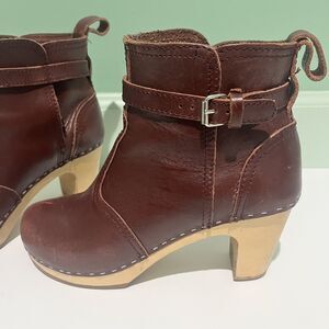 Hasbeens JODHPUR Cherry Brown Leather Clog Wood Heeled Ankle Boots Size 37 FAIR